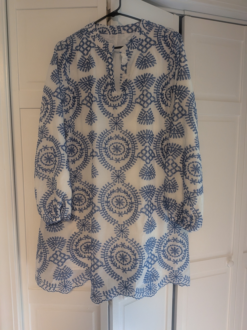 Amazon White Long Sleeve Tunic Dress with Blue Embroidery